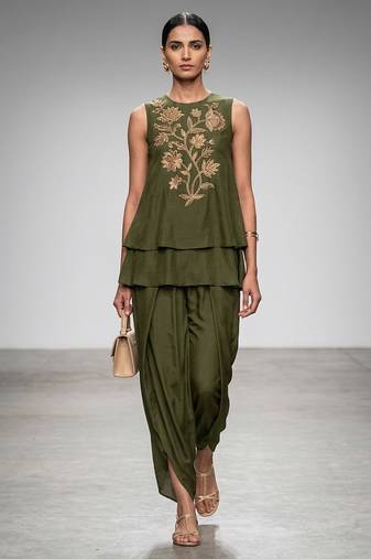 Olive green embroidered nysha silk co ord set