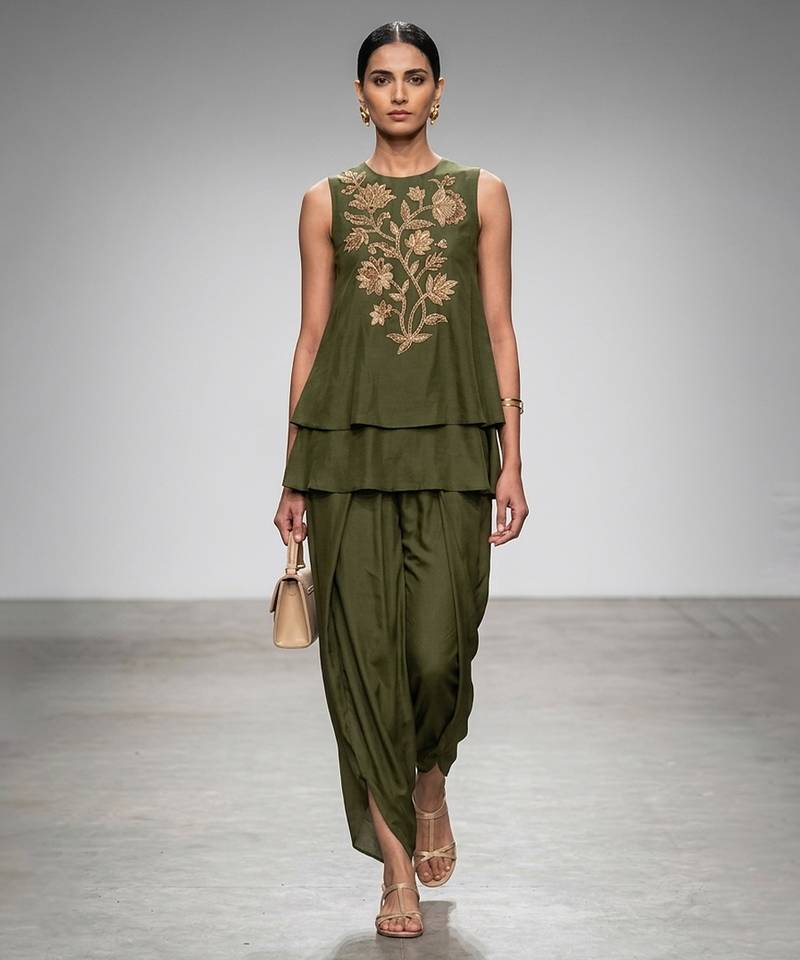 Olive green embroidered nysha silk co ord set