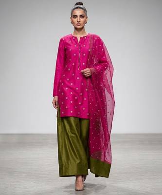 Pink and olive green embroidered nysha silk kurta set 1