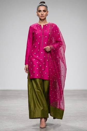 Pink and olive green embroidered nysha silk kurta set