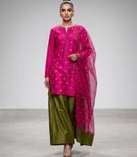 Pink and olive green embroidered nysha silk kurta set