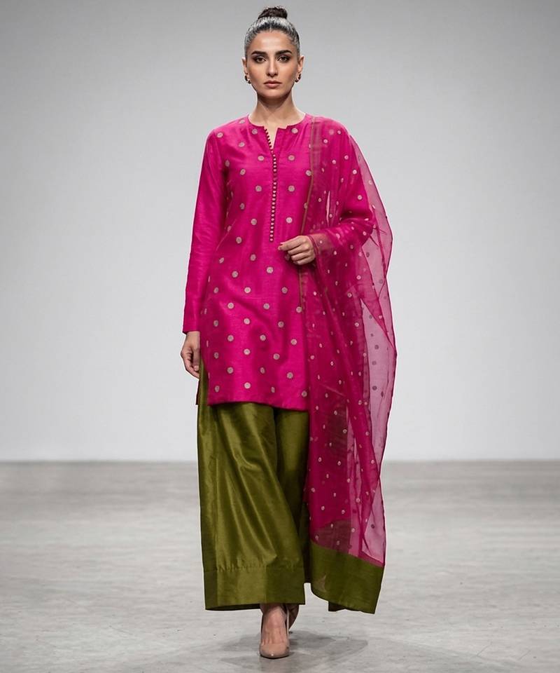 Pink and olive green embroidered nysha silk kurta set