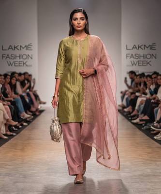 Olive green and pink embroidered chanderi tissue kurta set 1