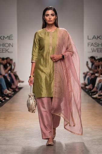 Olive green and pink embroidered chanderi tissue kurta set