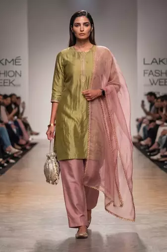 Olive green and pink embroidered chanderi tissue kurta set