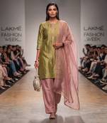 Olive green and pink embroidered chanderi tissue kurta set