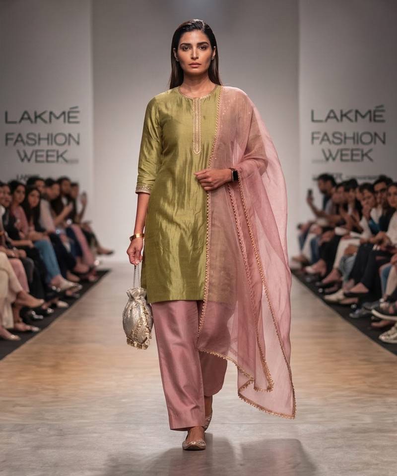 Olive green and pink embroidered chanderi tissue kurta set