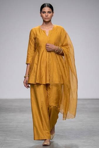 Mustard yellow embroidered dupion silk organza kurta set