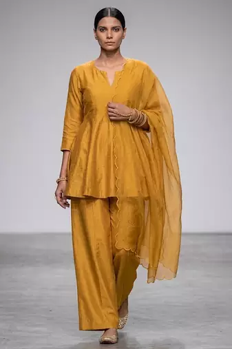 Mustard yellow embroidered dupion silk organza kurta set