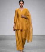 Mustard yellow embroidered dupion silk organza kurta set