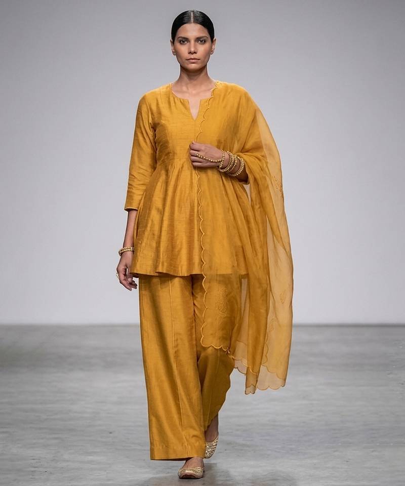 Mustard yellow embroidered dupion silk organza kurta set