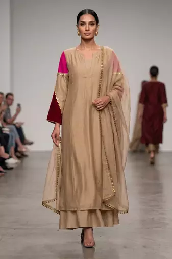 Beige embroidered mul chanderi long kurta set