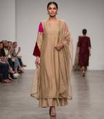Beige embroidered mul chanderi long kurta set