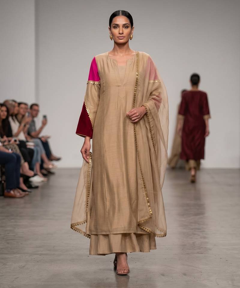 Beige embroidered mul chanderi long kurta set
