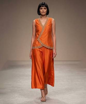 Tangerine orange embroidered dupion silk top and palazzo set 1