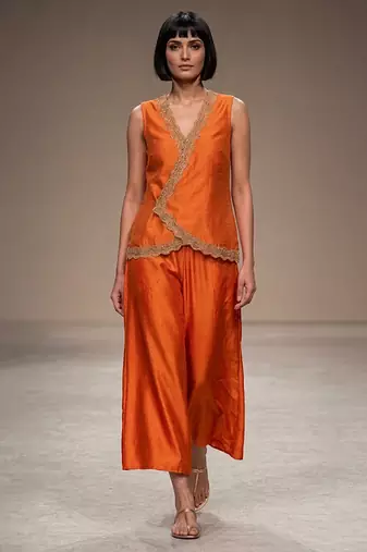 Tangerine orange embroidered dupion silk top and palazzo set