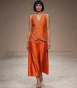 Tangerine orange embroidered dupion silk top and palazzo set