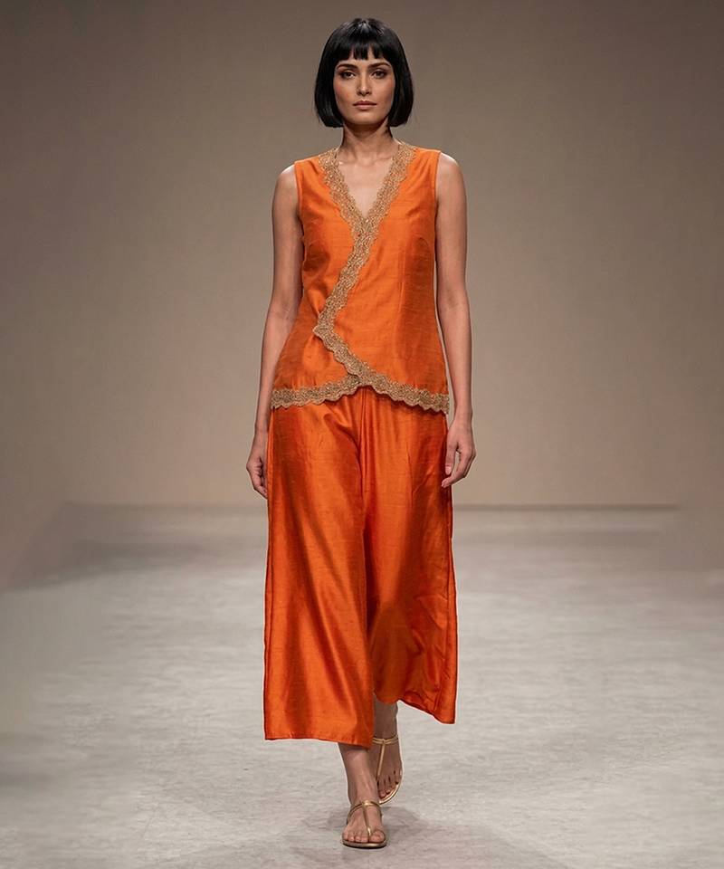 Tangerine orange embroidered dupion silk top and palazzo set