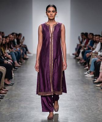 Purple embroidered dupion silk long kurta and pant set 1