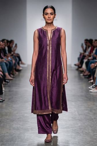 Purple embroidered dupion silk long kurta and pant set