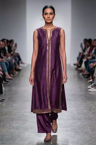 Purple embroidered dupion silk long kurta and pant set