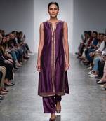 Purple embroidered dupion silk long kurta and pant set
