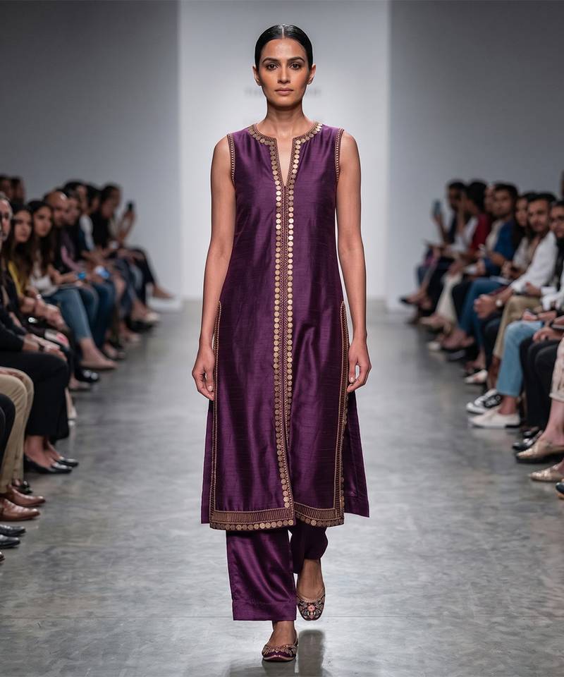 Purple embroidered dupion silk long kurta and pant set