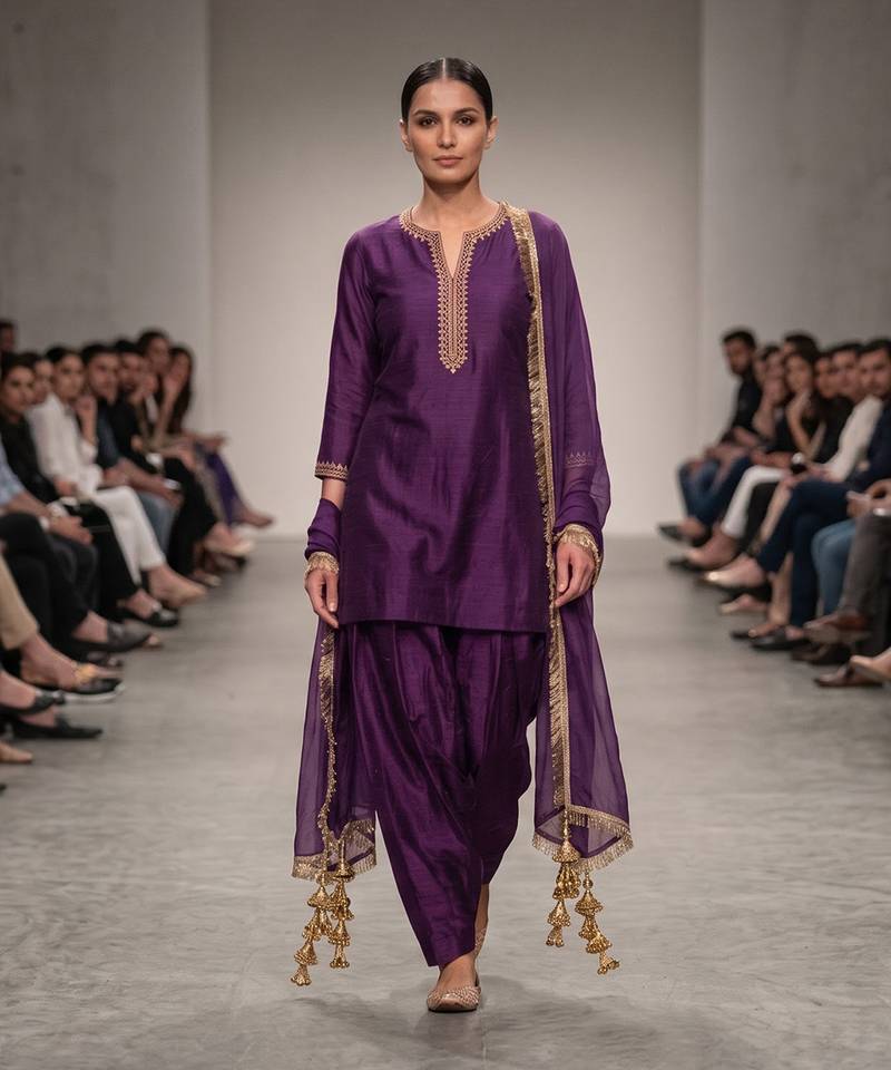 Purple embroidered dupion silk kurta set