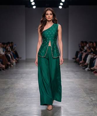 Green embroidered dupion silk co ord set 1