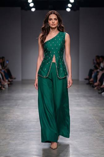 Green embroidered dupion silk co ord set