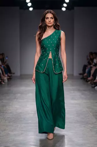 Green embroidered dupion silk co ord set