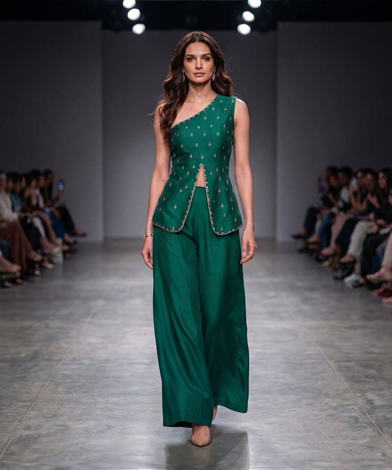 Green embroidered dupion silk co ord set