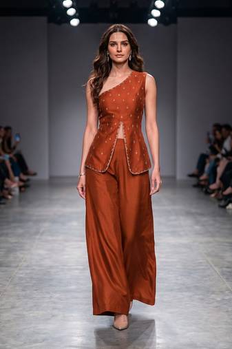 Rust orange embroidered dupion silk co ord set