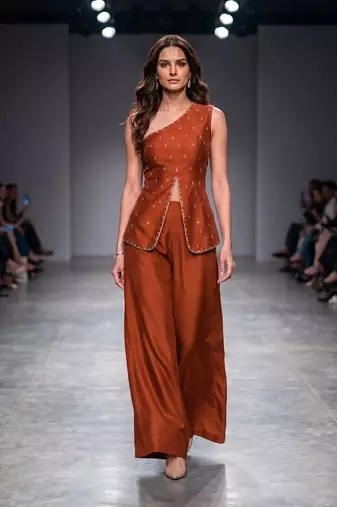 Rust orange embroidered dupion silk co ord set
