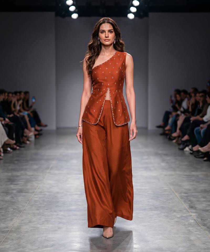 Rust orange embroidered dupion silk co ord set