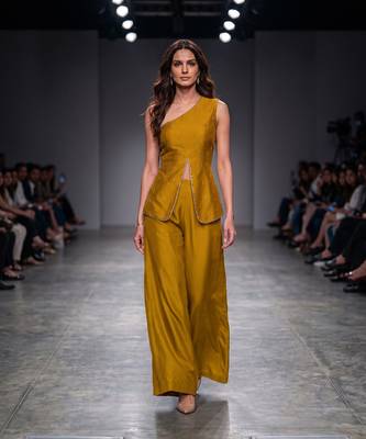 Mustard yellow embroidered dupion silk co ord set 1