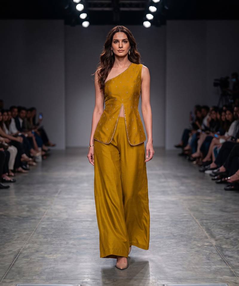 Mustard yellow embroidered dupion silk co ord set