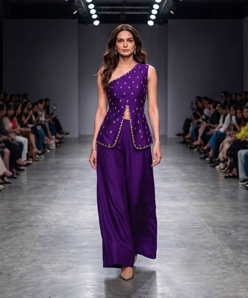 Purple embroidered dupion silk co ord set