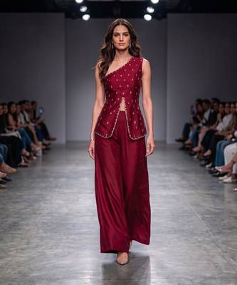 Red embroidered dupion silk co ord set 1