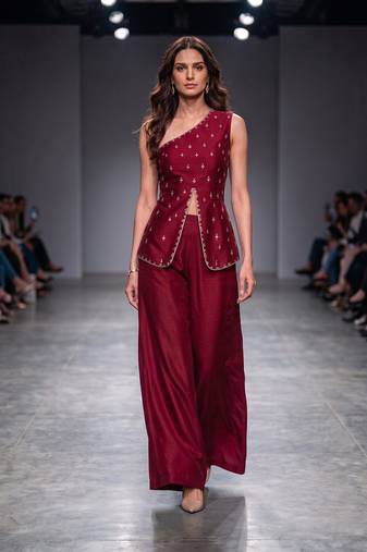 Red embroidered dupion silk co ord set