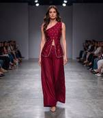 Red embroidered dupion silk co ord set