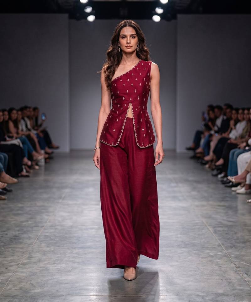 Red embroidered dupion silk co ord set