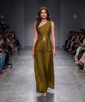 Olive green embroidered dupion silk co ord set 1