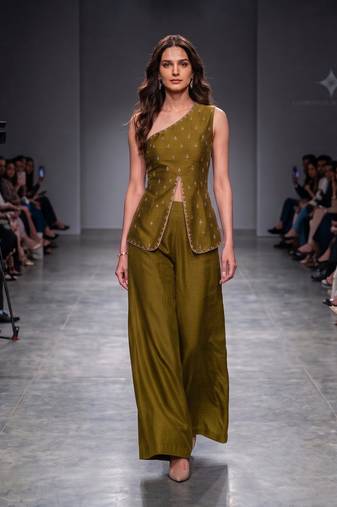 Olive green embroidered dupion silk co ord set