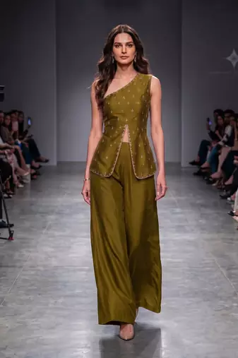 Olive green embroidered dupion silk co ord set