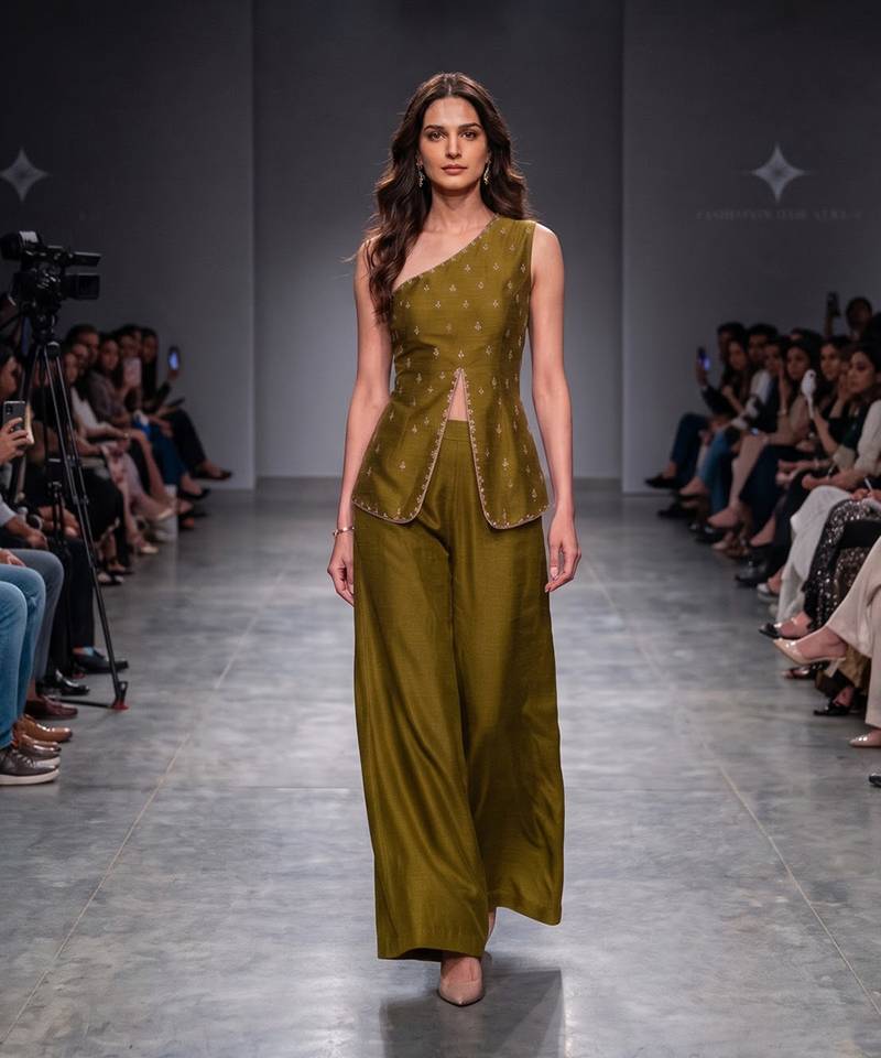 Olive green embroidered dupion silk co ord set