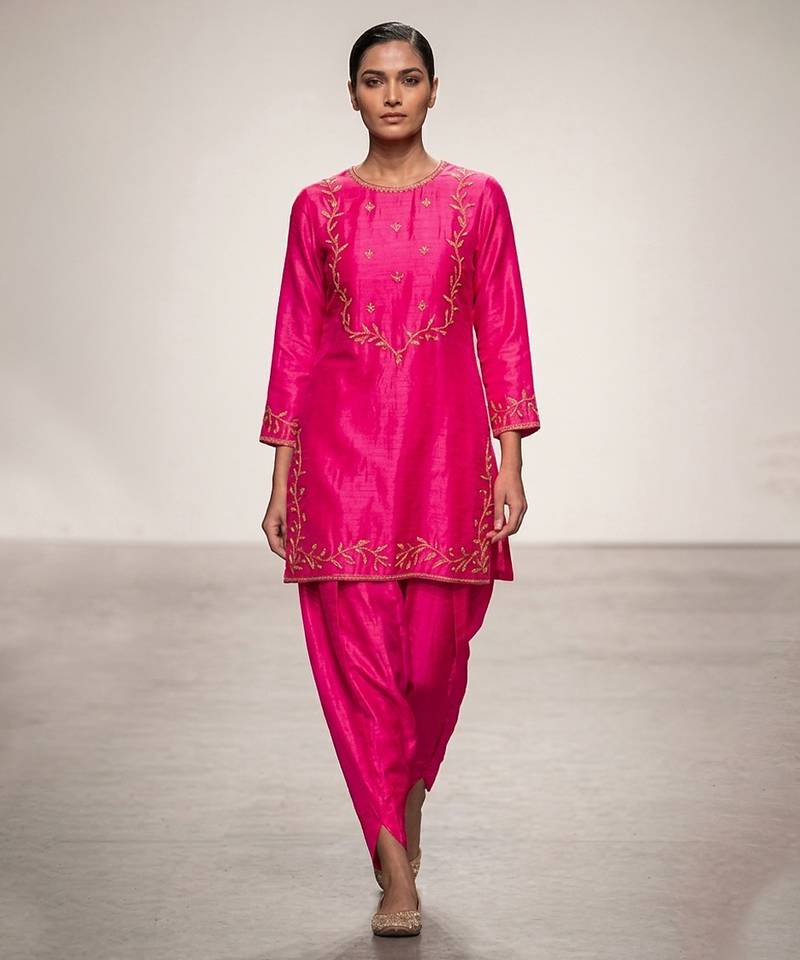 Pink embroidered dupion silk kurta set