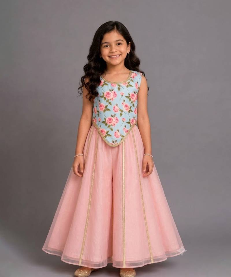 Blue Pink Printed Cotton Silk Co Ord Set