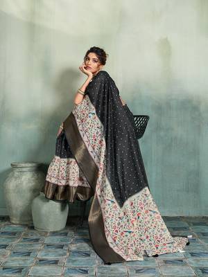 Black printed with jari border linan saree with blouse 1