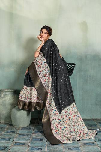 Black printed with jari border linan saree with blouse